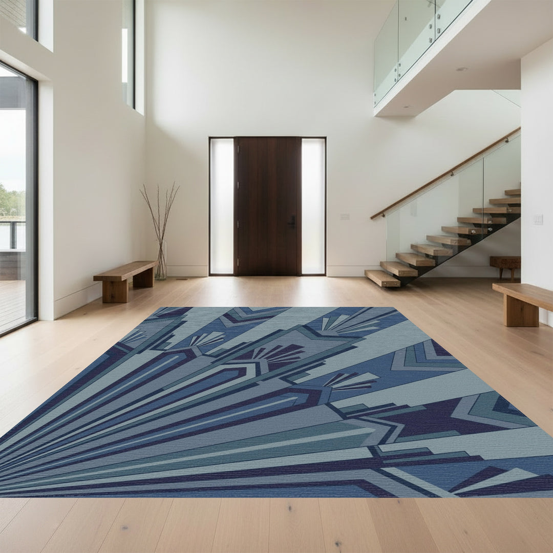 Art Deco Blue Sunburst Geometric Rug