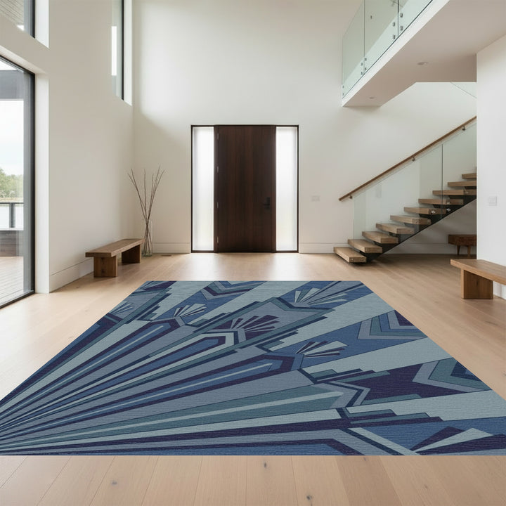 Art Deco Blue Sunburst Geometric Rug