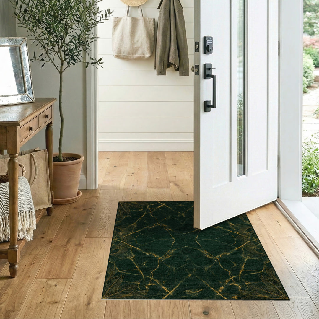 Emerald Green Gold Leaf Marble Area Rug