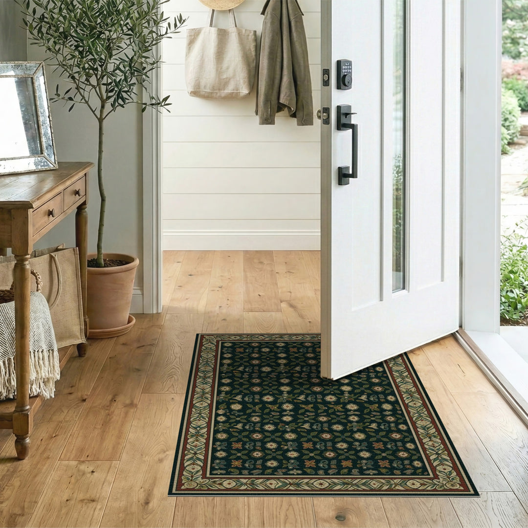 Green Dark Green Floral Vintage Area Rug
