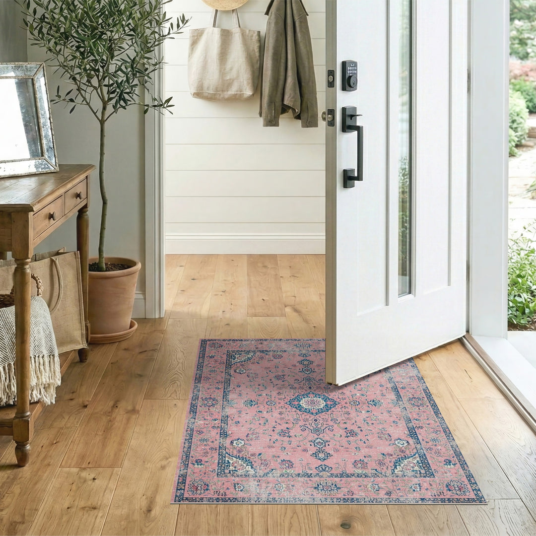 Pink Distressed Vintage Floral Area Rug