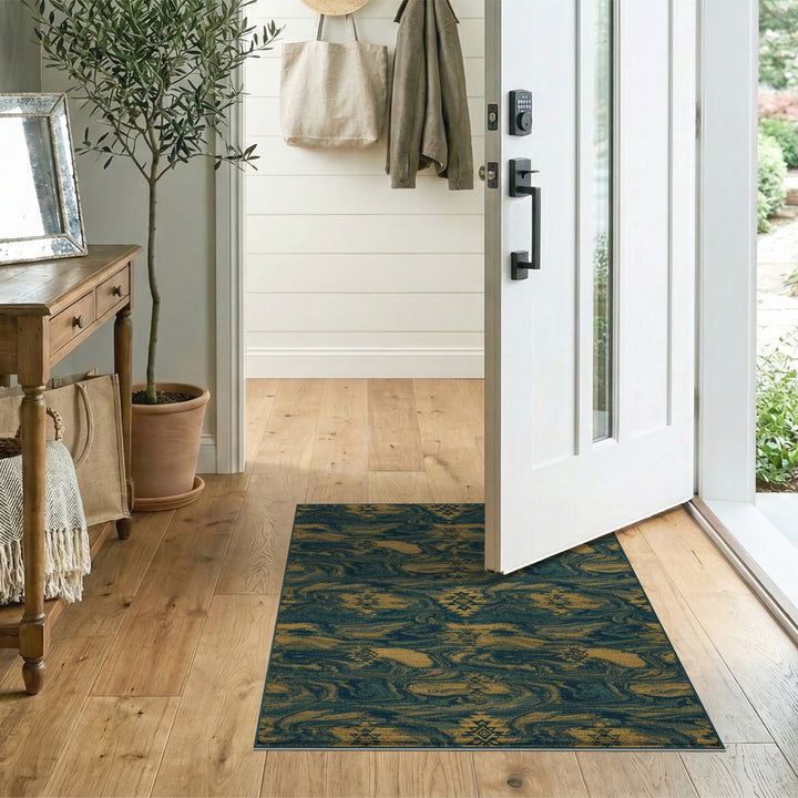Teal Gold Tribal Heritage Area Rug