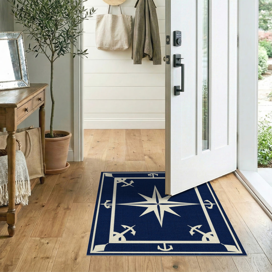 Navy Blue Nautical Compass Anchor Area Rug