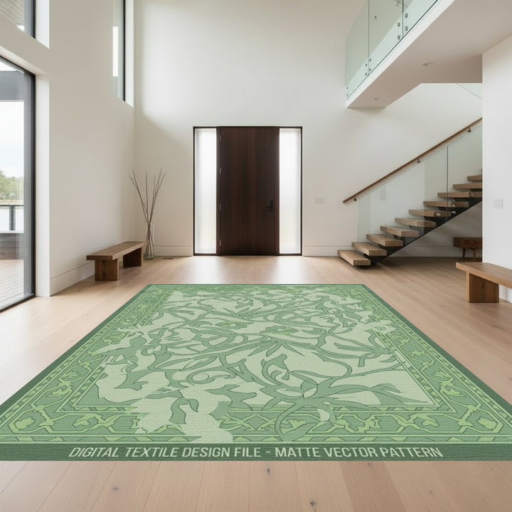 Emerald Green Floral Vine Art Nouveau Rug