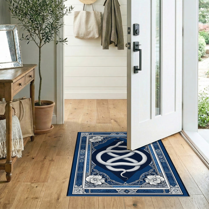 Coiled White Snake Blue Floral Area Rug