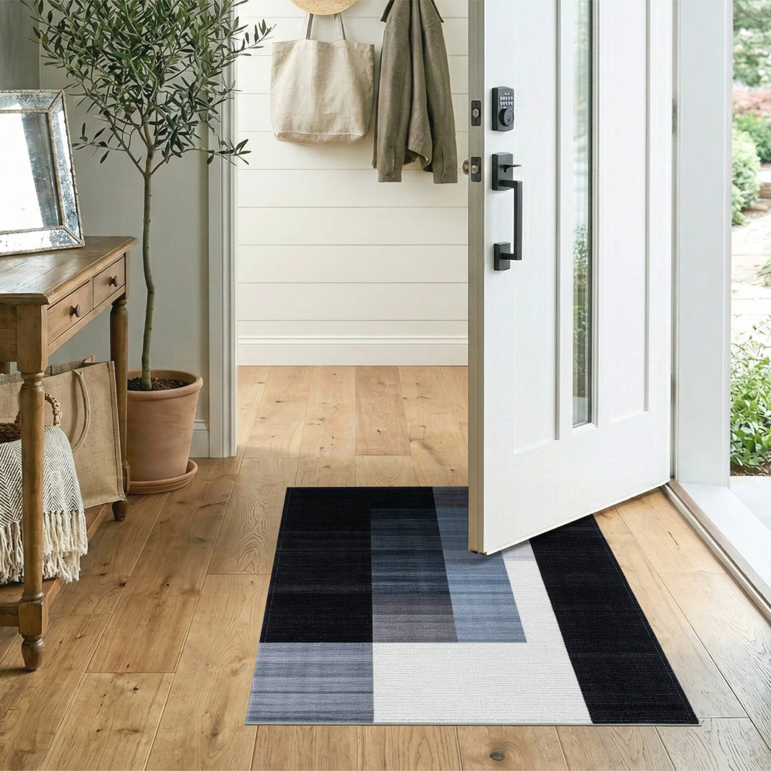 Black White Blue Geometric Area Rug