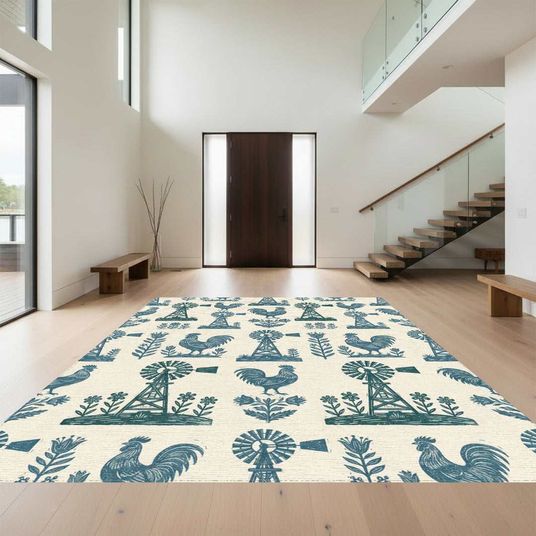Farmstead Teal Rooster Windmill Floral Rug