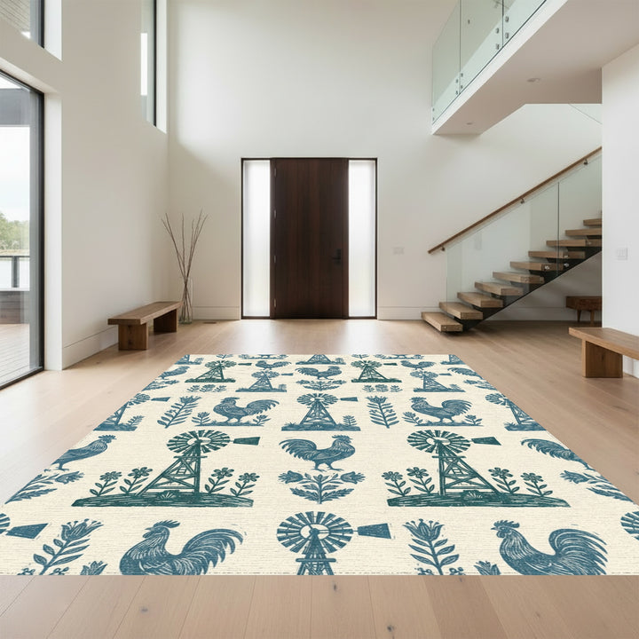 Farmstead Teal Rooster Windmill Floral Rug
