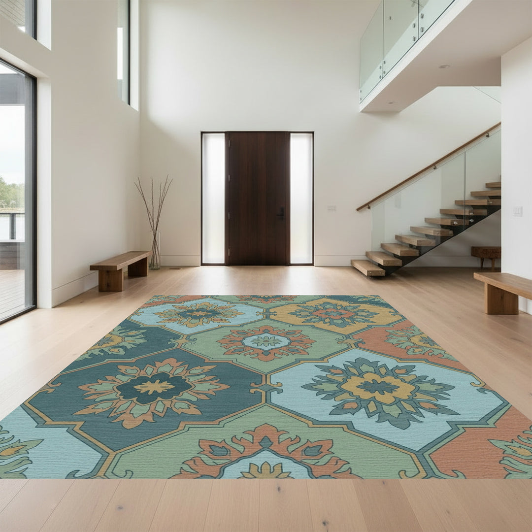 Earthy Jewel Toned Medallion Tile Rug