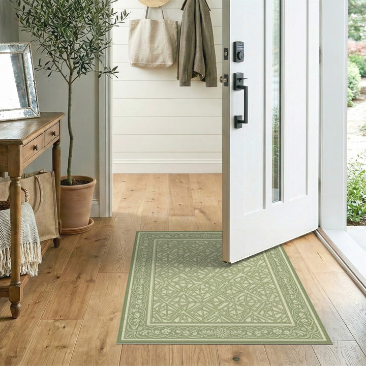 Green Geometric Area Rug with Floral Border