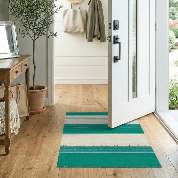 Teal Geometric Striped Washable Area Rug
