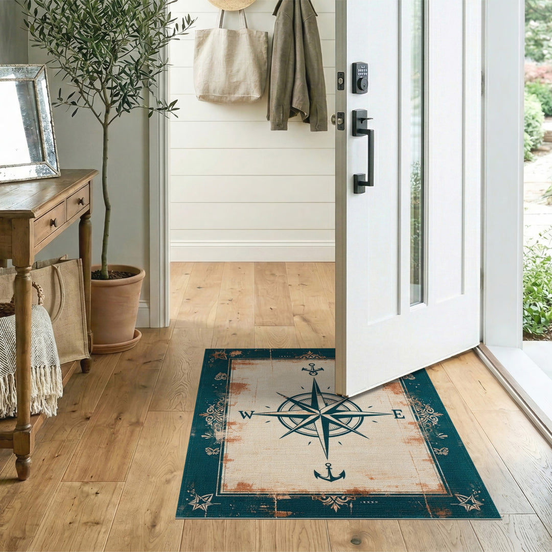 Nautical Compass Distressed Vintage Area Rug