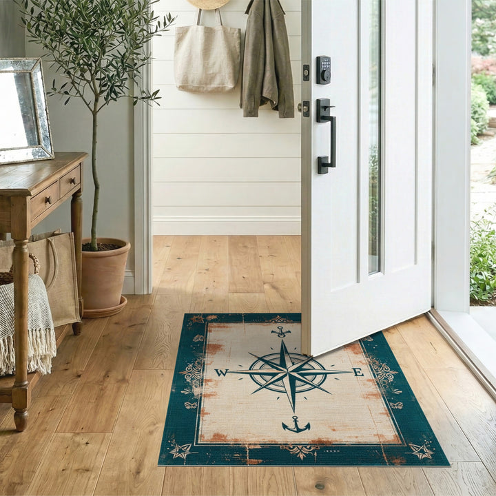 Nautical Compass Distressed Vintage Area Rug