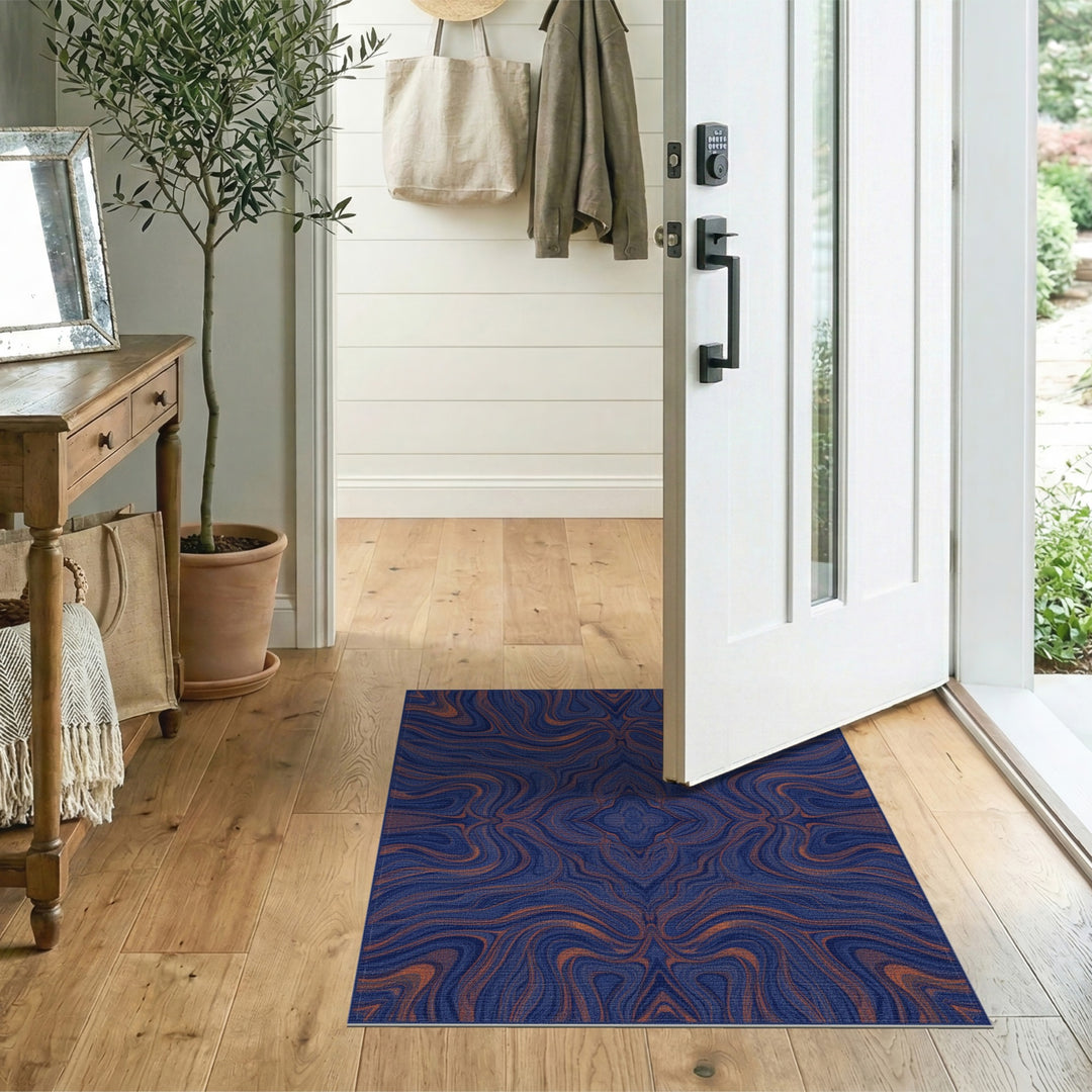 Navy Blue Copper Swirl Abstract Area Rug