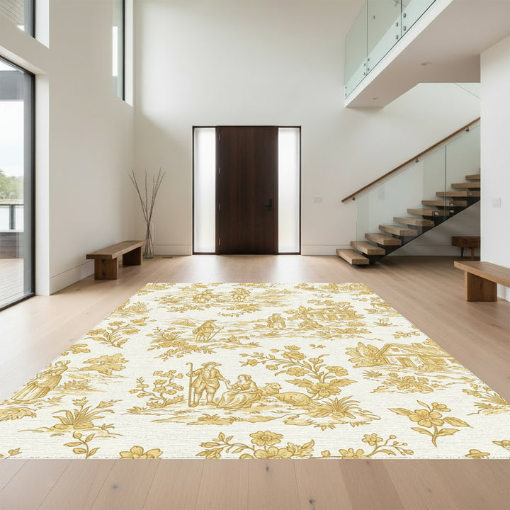 Vintage Ochre Pastoral Village Scene Rug