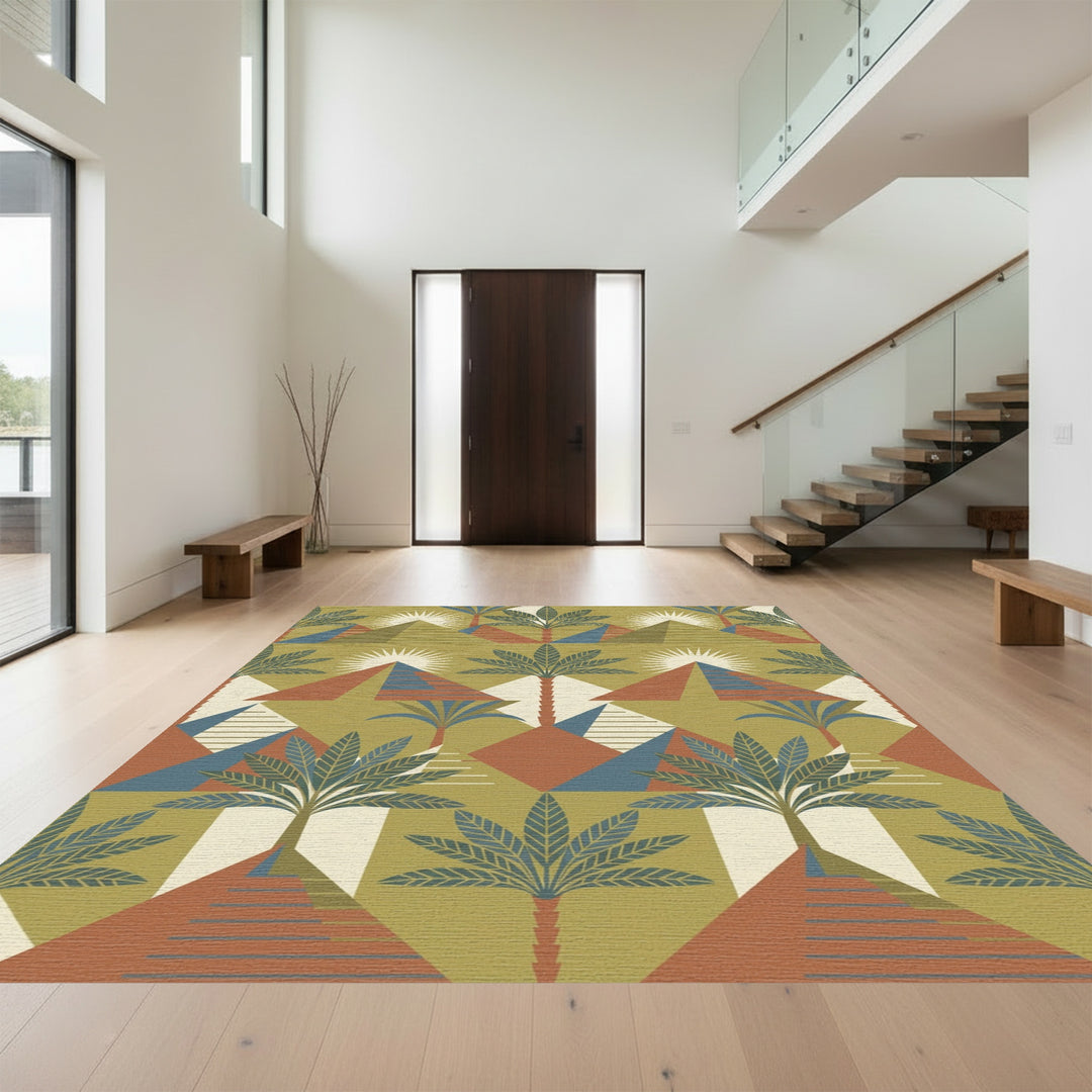 Geometric Pyramid Palm Tree Desert Sunset Rug