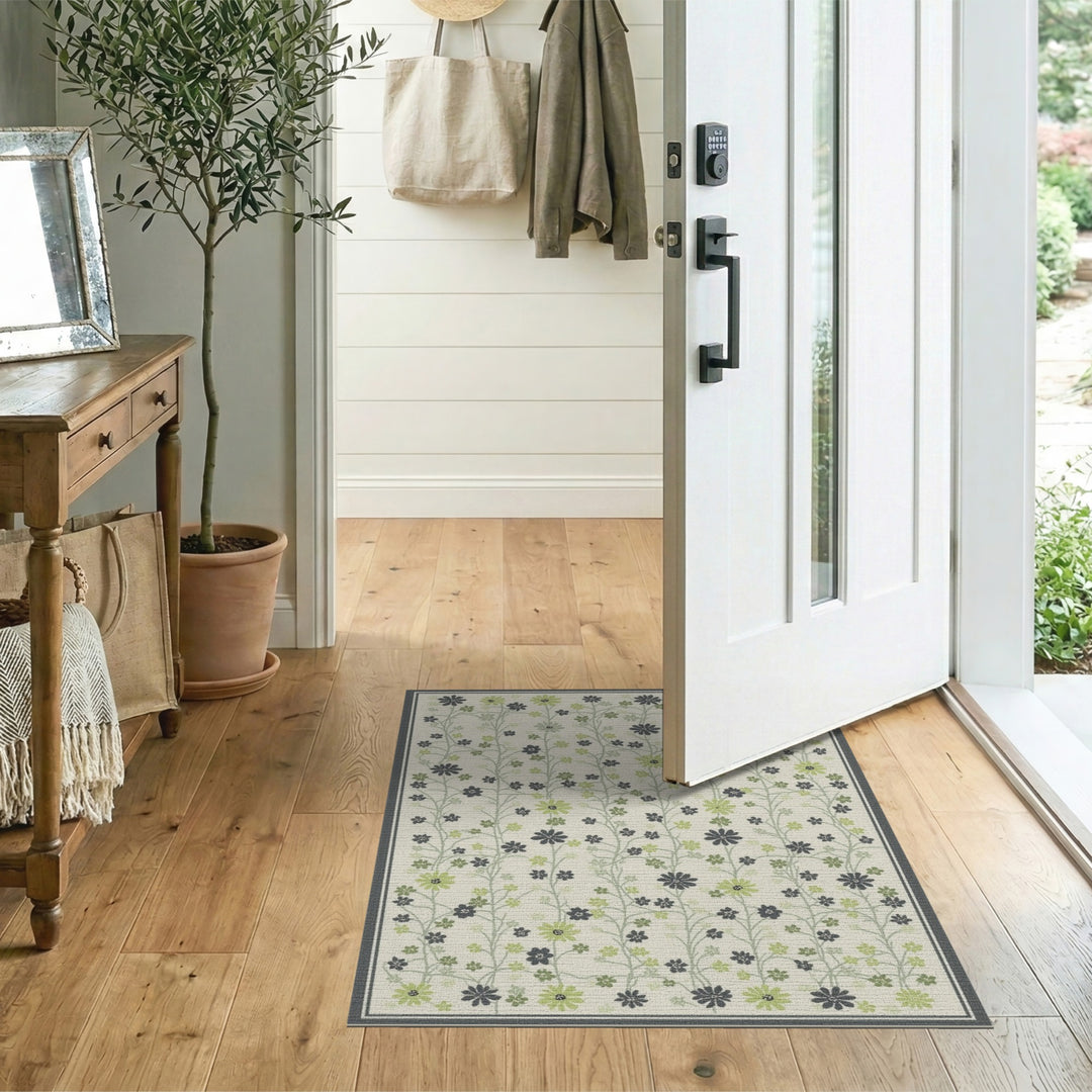 Green Floral Vine Cream Area Rug