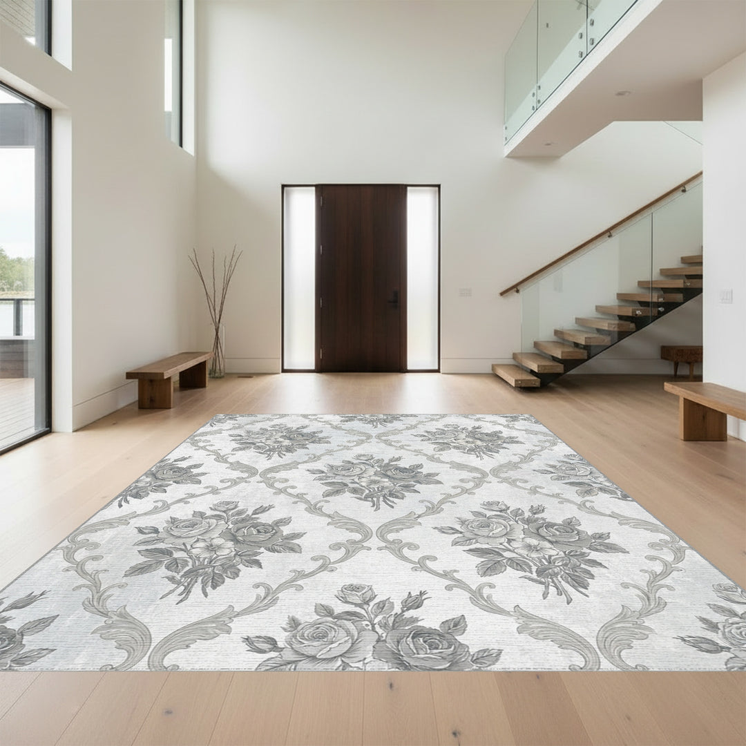 Ornate Gray Floral Damask Rug