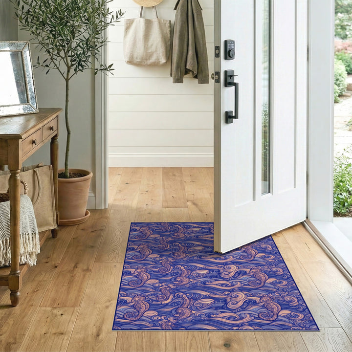 Blue Seahorse Wave Coastal Area Rug