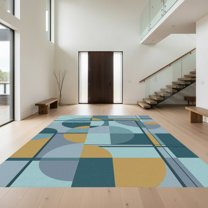 Abstract Teal Gold Geometric Circles Rug