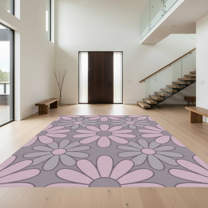 Retro Floral Pink and Gray Daisy Rug