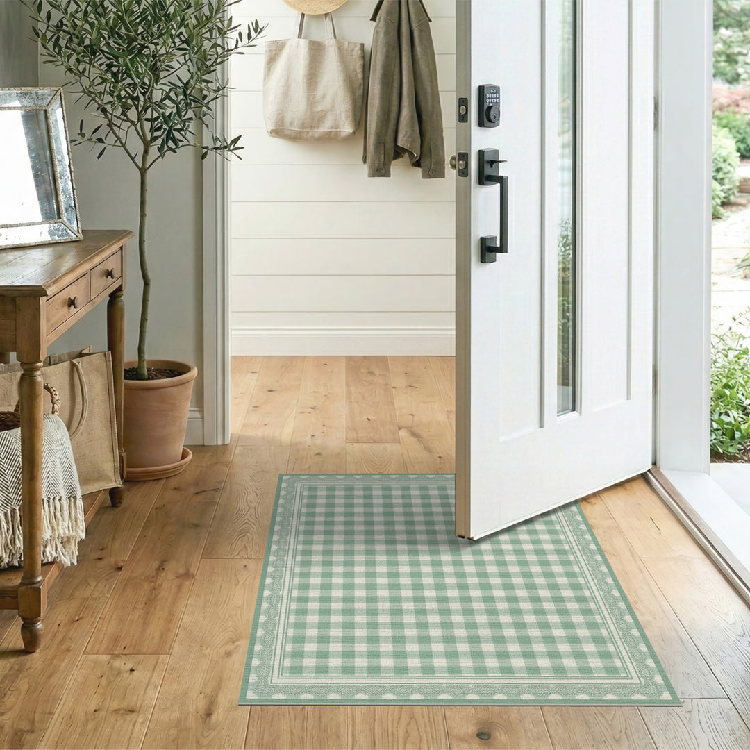 Sage Green Gingham Checkered Area Rug