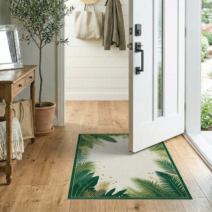 Boho Chic Green Palm Leaf Area Rug with Gold Accents