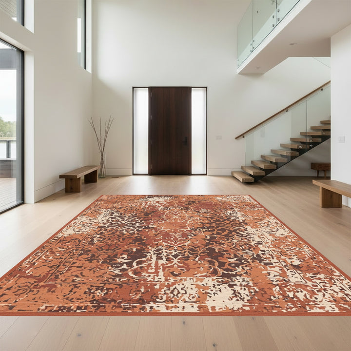 Distressed Terracotta Floral Medallion Rug