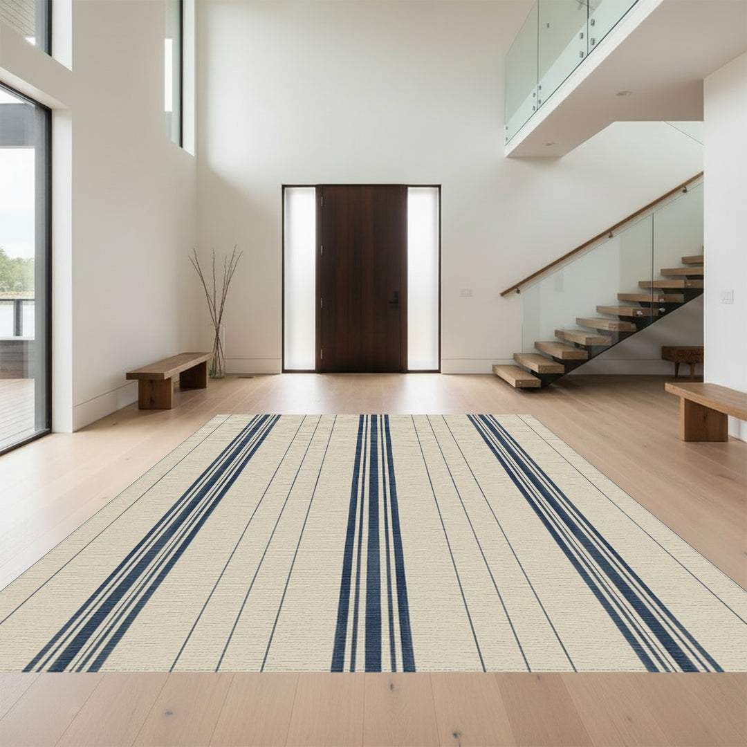Classic Navy Blue Stripe Cream Rug