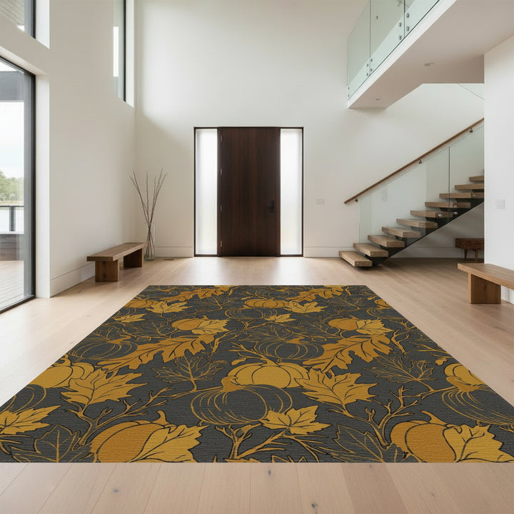 Golden Pumpkin Leaf Autumn Overlay Rug