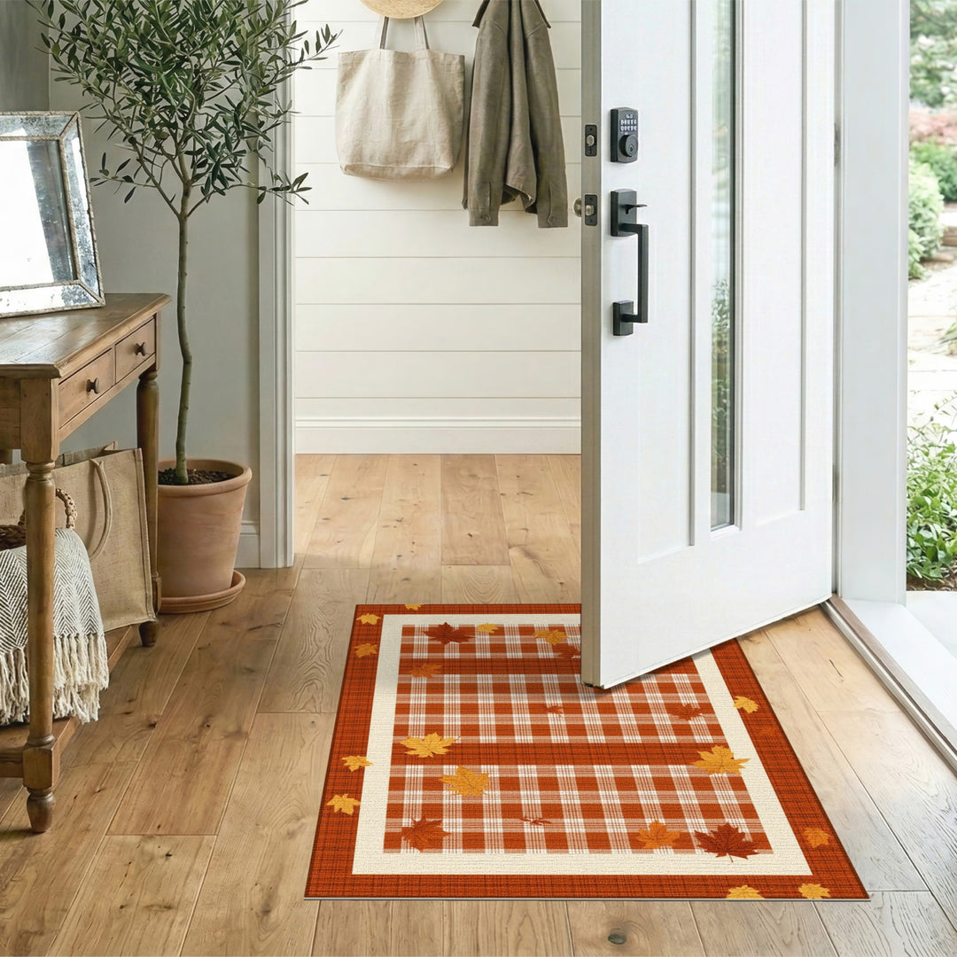 Orange Plaid Maple Leaf Area Rug