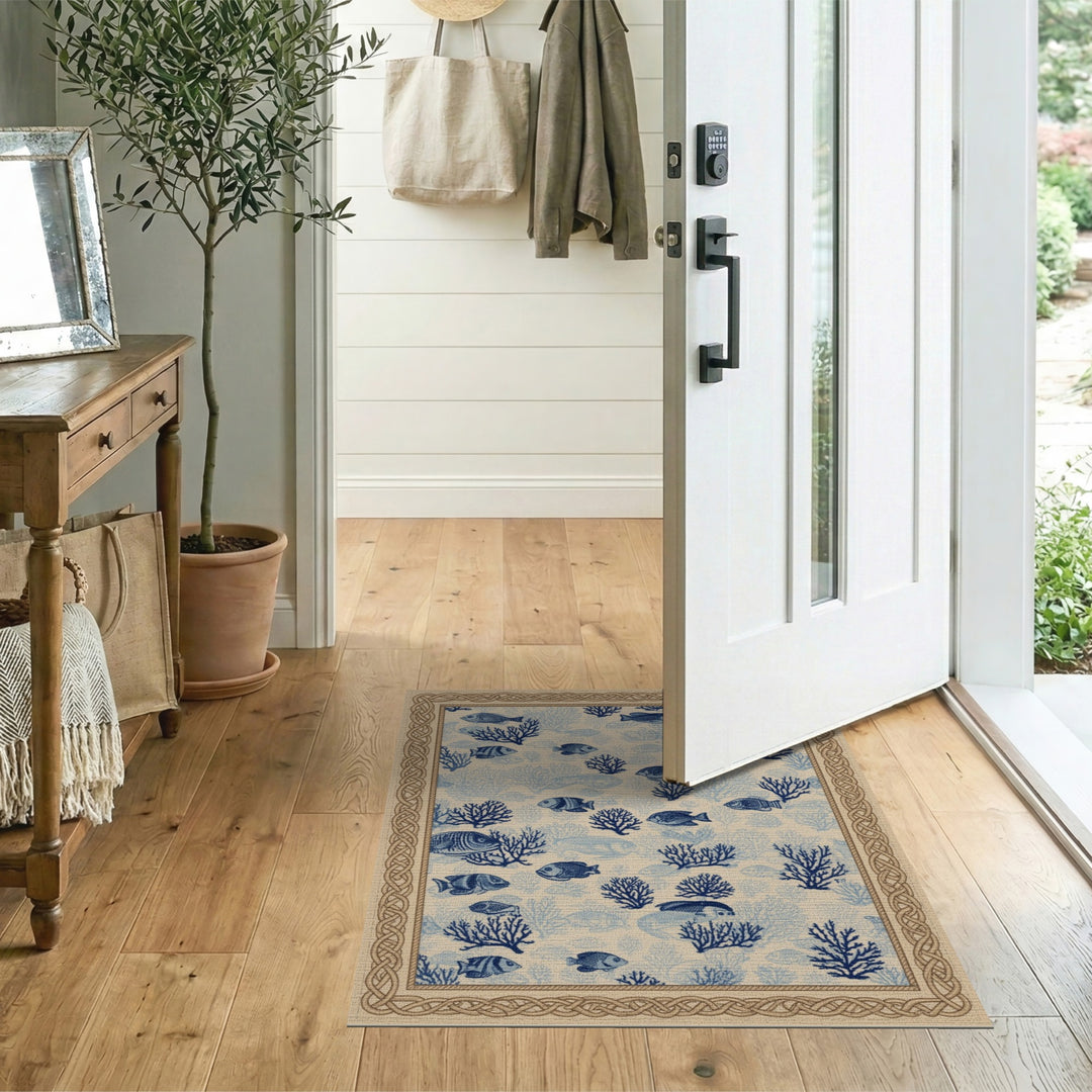 Blue Fish Coral Coastal Area Rug