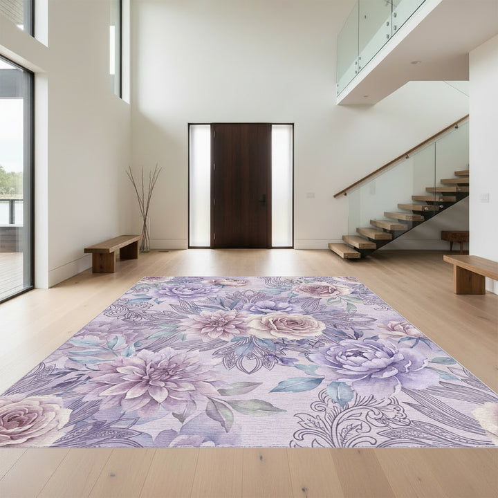 Soft Lavender Floral Scroll Artwork Rug