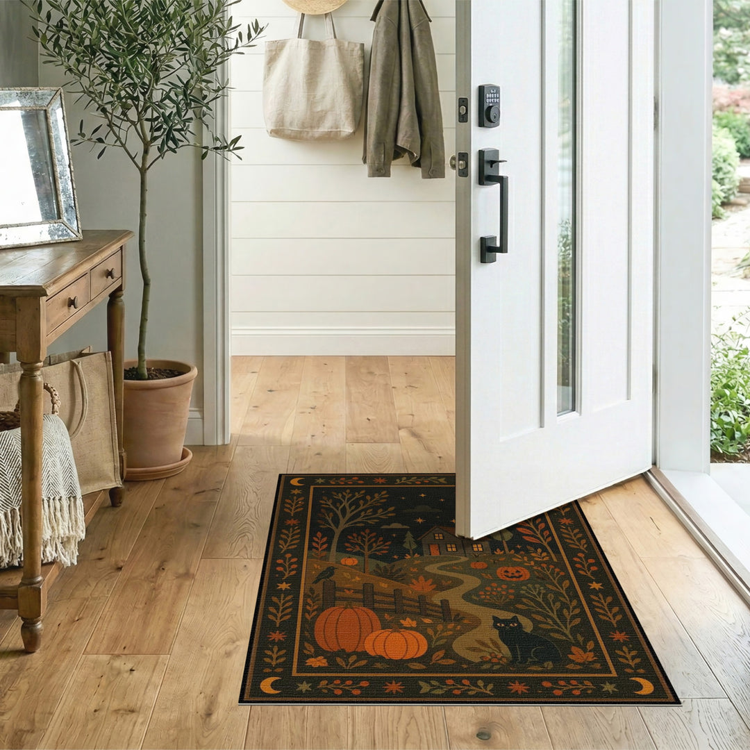 Washable Rustic Farmhouse Pumpkin Cat Area Rug