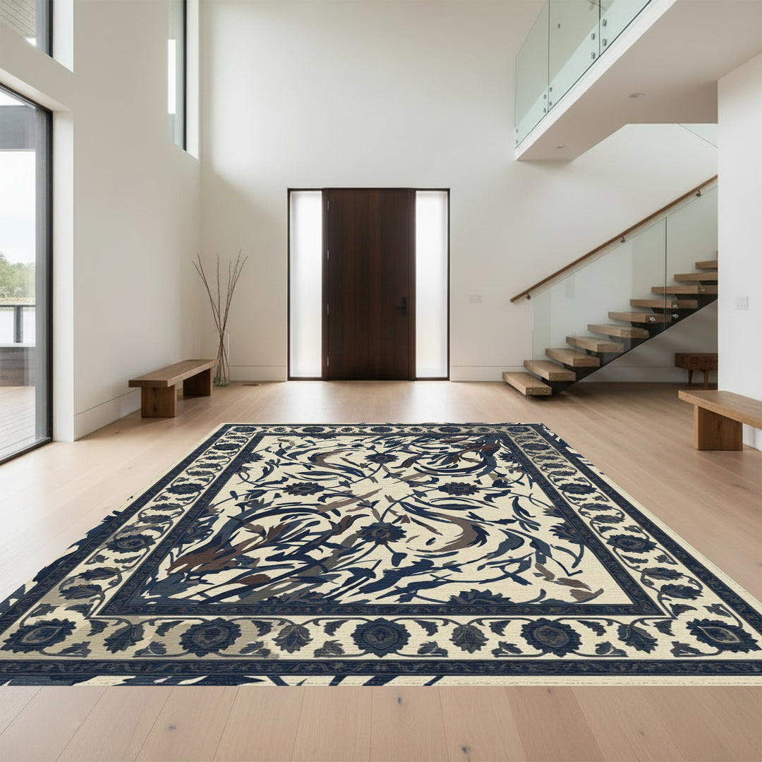 Deep Blue Floral Garden Medallion Rug