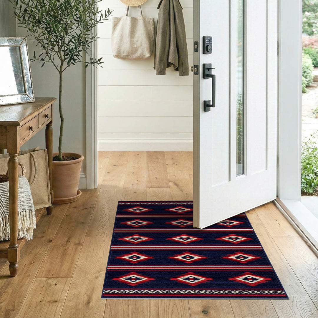 Navy Blue Southwestern Area Rug with Red Diamonds