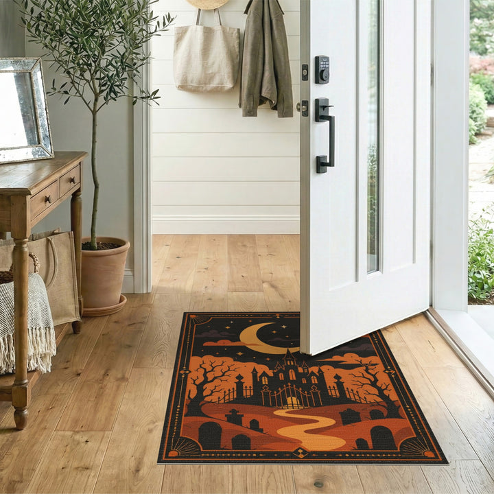 Orange Haunted Castle Halloween Area Rug