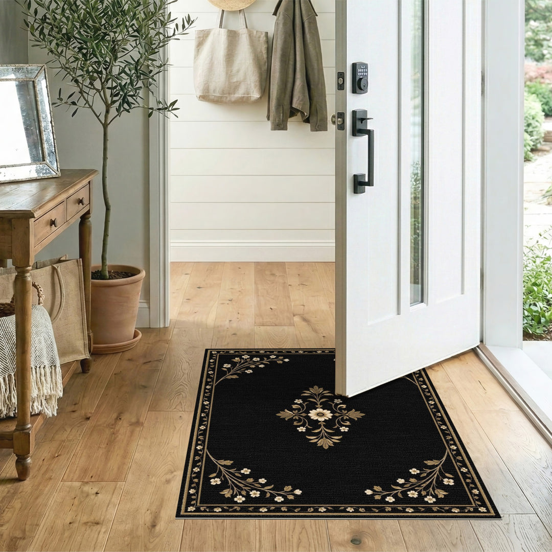 Black and White Black Floral Medallion Area Rug