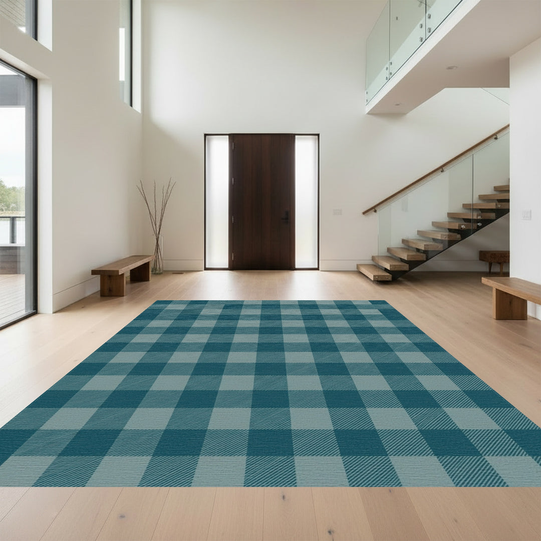 Navy Teal Plaid Square Rug