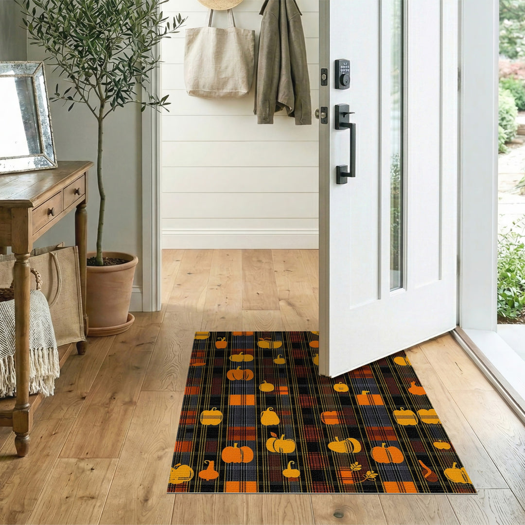 Orange Rustic Farmhouse Orange Pumpkin Plaid Washable Area Rug
