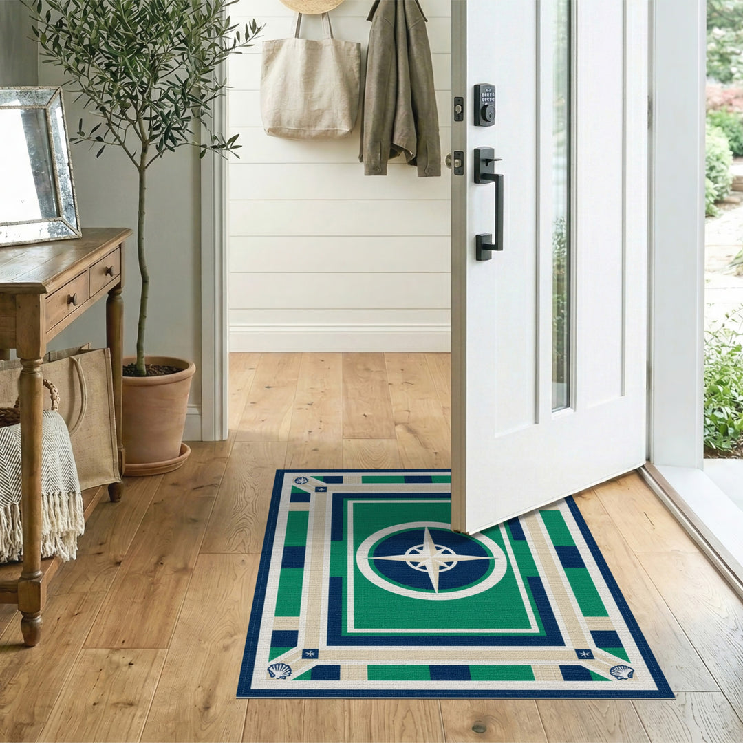 Nautical Compass Blue Green Washable Area Rug