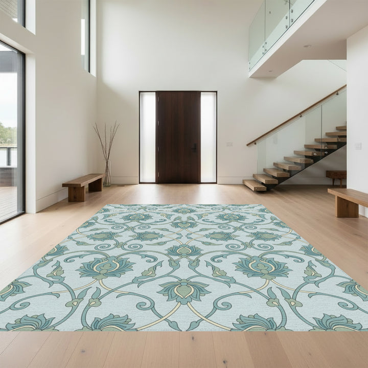 Serene Blue Green Floral Lattice Rug