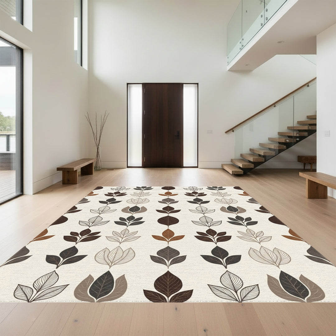 Brown Earth Toned Leaf Arrangement Rug