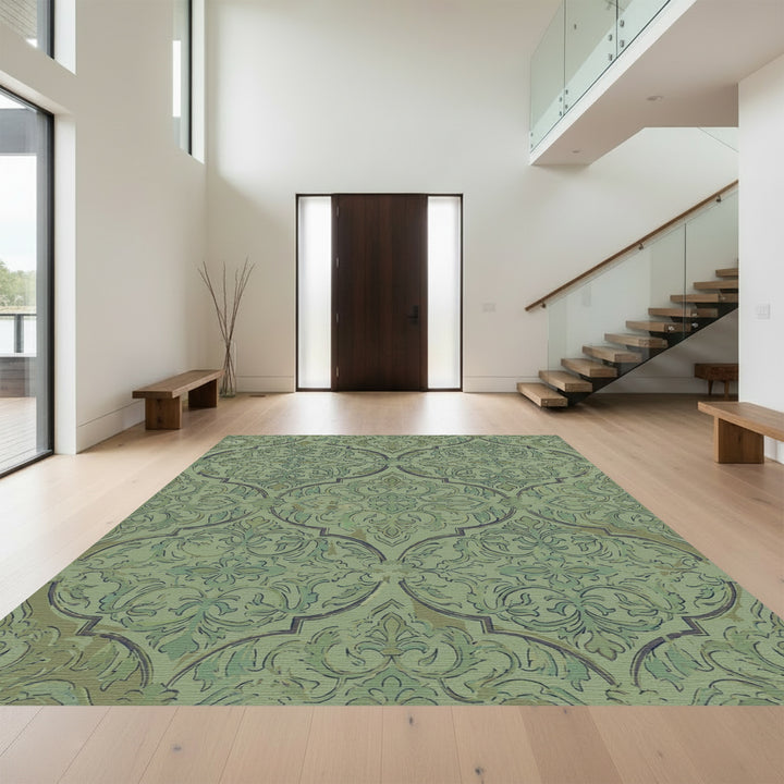 Pale Green Damask Traditional Overlay Rug