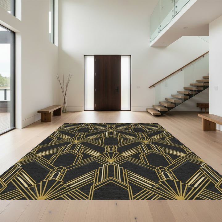 Art Deco Black Gold Geometric Fan Rug