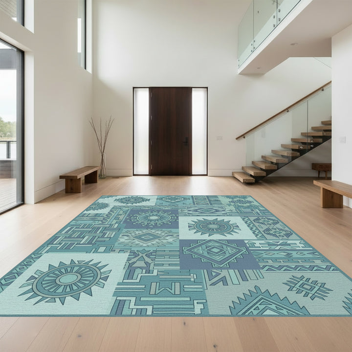 Teal Patchwork Geometric Medallion Rug