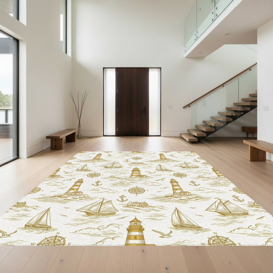 Coastal Nautical Scene Lighthouse Sailing Ships Rug