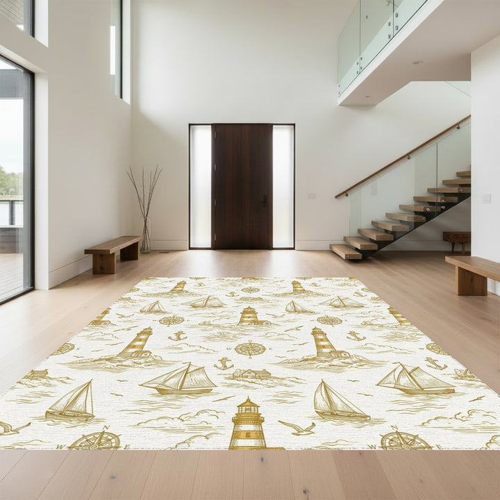 Coastal Nautical Scene Lighthouse Sailing Ships Rug