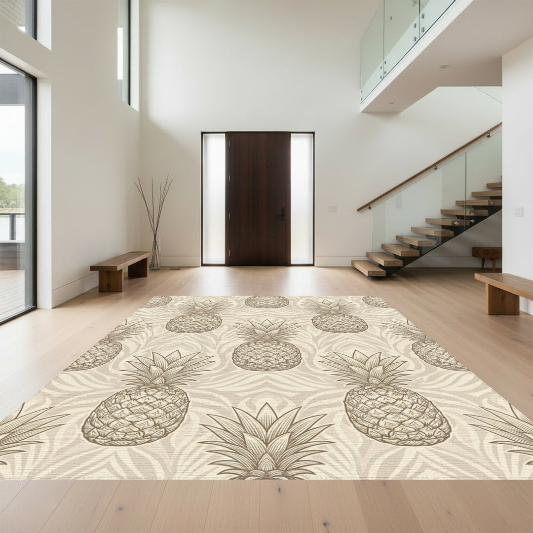 Earthy Tan Pineapple Botanical Scroll Rug