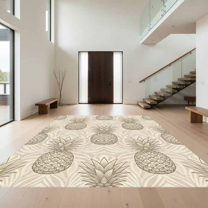 Earthy Tan Pineapple Botanical Scroll Rug